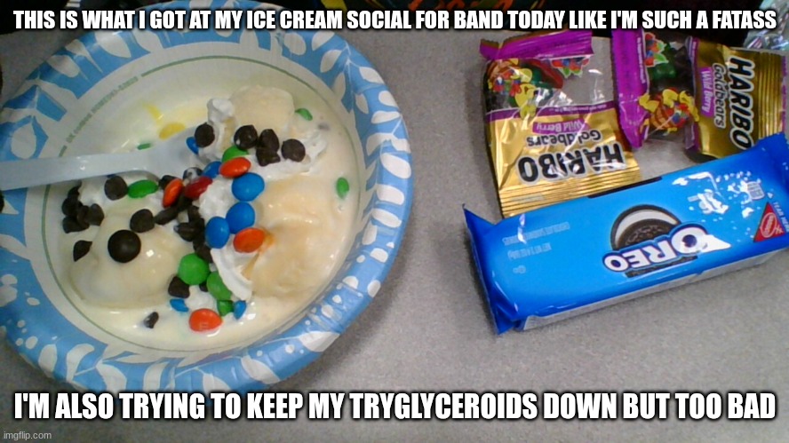 THIS IS WHAT I GOT AT MY ICE CREAM SOCIAL FOR BAND TODAY LIKE I'M SUCH A FATASS; I'M ALSO TRYING TO KEEP MY TRYGLYCEROIDS DOWN BUT TOO BAD | made w/ Imgflip meme maker