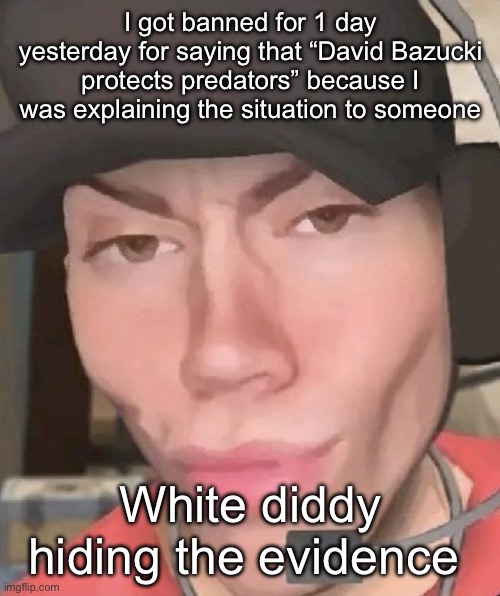 Irl scout | I got banned for 1 day yesterday for saying that “David Bazucki protects predators” because I was explaining the situation to someone; White diddy hiding the evidence | image tagged in irl scout | made w/ Imgflip meme maker