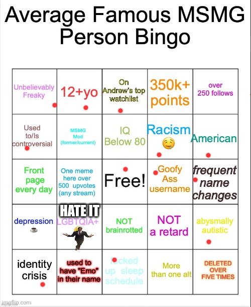 Average Famous Person bingo | HATE IT | image tagged in average famous person bingo | made w/ Imgflip meme maker