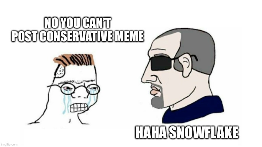 Reddit go brrrrrrr | NO YOU CAN’T POST CONSERVATIVE MEME; HAHA SNOWFLAKE | image tagged in zoomer vs boomer,chad,funny | made w/ Imgflip meme maker