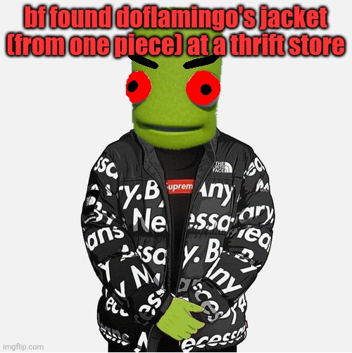 EVIL epilektoi drip | bf found doflamingo's jacket (from one piece) at a thrift store | image tagged in evil epilektoi drip | made w/ Imgflip meme maker