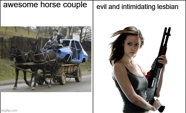 bored | awesome horse couple; evil and intimidating lesbian | made w/ Imgflip meme maker