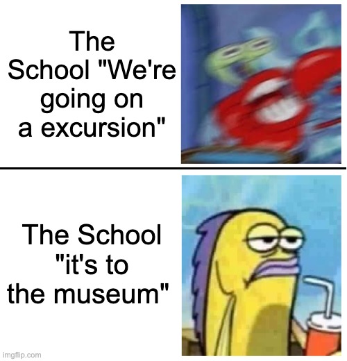 School excursions be like: | The School "We're going on a excursion"; The School "it's to the museum" | image tagged in excited vs bored | made w/ Imgflip meme maker