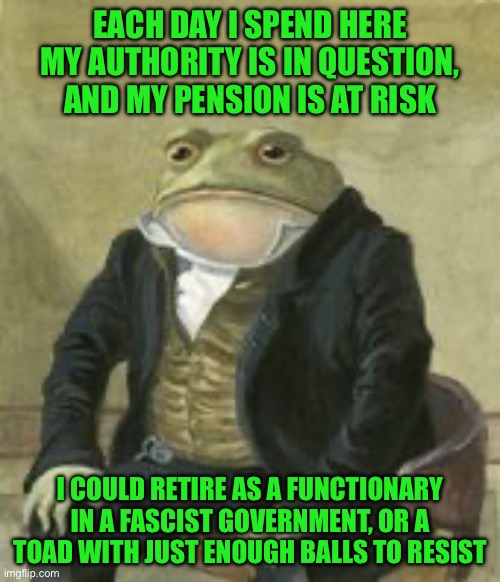 Colonel Toad | EACH DAY I SPEND HERE MY AUTHORITY IS IN QUESTION, AND MY PENSION IS AT RISK; I COULD RETIRE AS A FUNCTIONARY IN A FASCIST GOVERNMENT, OR A TOAD WITH JUST ENOUGH BALLS TO RESIST | image tagged in colonel toad | made w/ Imgflip meme maker