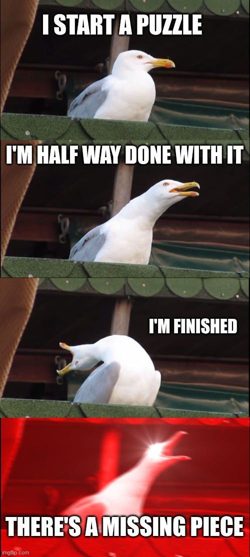 Inhaling Seagull | I START A PUZZLE; I'M HALF WAY DONE WITH IT; I'M FINISHED; THERE'S A MISSING PIECE | image tagged in memes,inhaling seagull | made w/ Imgflip meme maker