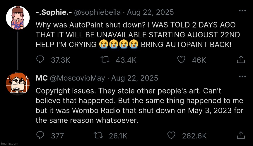 Sophie really loved AutoPaint and MC told the reason why it shut down... | image tagged in mc,sophie,autopaint,bluranth,copyright,moscovio may | made w/ Imgflip meme maker