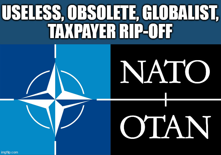 nato sucks | USELESS, OBSOLETE, GLOBALIST,
TAXPAYER RIP-OFF | image tagged in nato,globalists,globalist,new world order | made w/ Imgflip meme maker