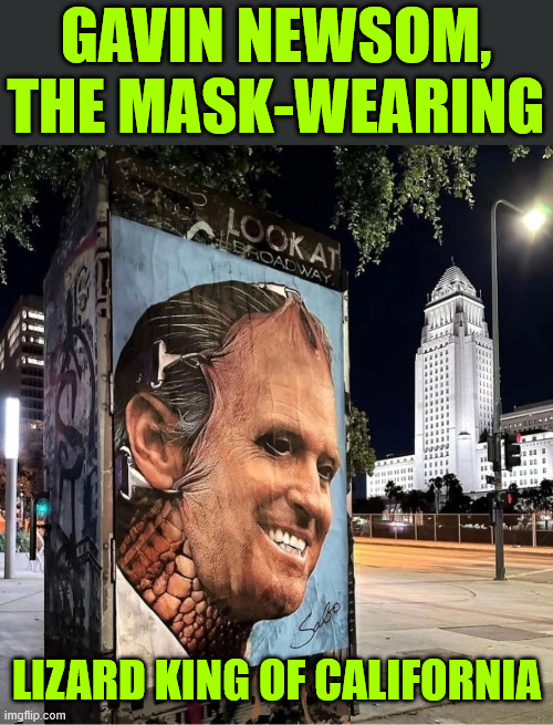 LA street artist Sabo nailed it again | GAVIN NEWSOM, THE MASK-WEARING; LIZARD KING OF CALIFORNIA | image tagged in newsom,king lizard of california,sabo,street artist | made w/ Imgflip meme maker