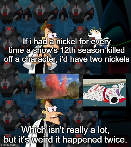 Poor Brian | If i had a nickel for every time a show's 12th season killed off a character, i'd have two nickels; Which isn't really a lot, but it's weird it happened twice. | image tagged in if i had a nickel for everytime | made w/ Imgflip meme maker