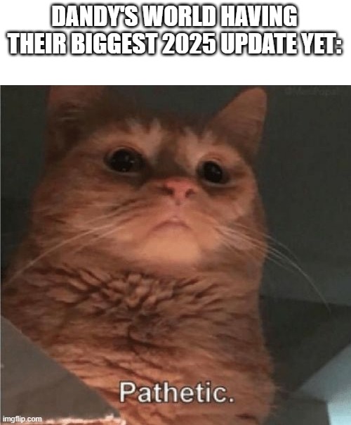 Pathetic Cat | DANDY'S WORLD HAVING THEIR BIGGEST 2025 UPDATE YET: | image tagged in pathetic cat | made w/ Imgflip meme maker