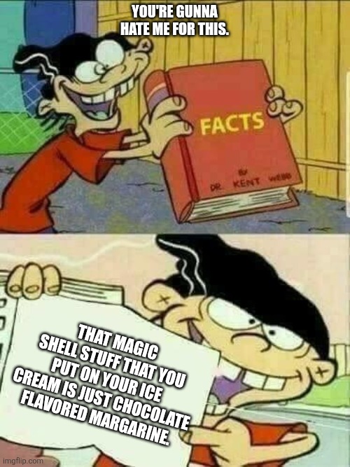 Double d facts book  | YOU'RE GUNNA HATE ME FOR THIS. THAT MAGIC SHELL STUFF THAT YOU PUT ON YOUR ICE CREAM IS JUST CHOCOLATE FLAVORED MARGARINE. | image tagged in double d facts book,ice cream | made w/ Imgflip meme maker