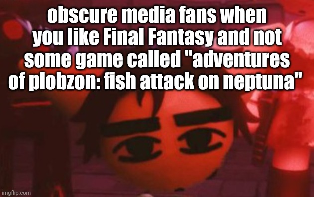??? | obscure media fans when you like Final Fantasy and not some game called "adventures of plobzon: fish attack on neptuna" | made w/ Imgflip meme maker