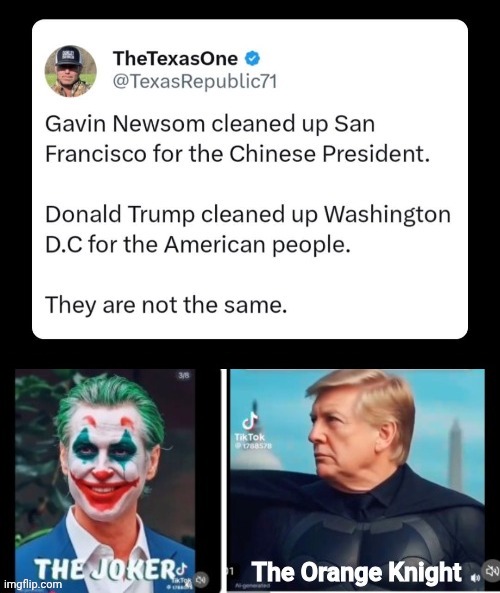 They are not the same | image tagged in gavin newsom vs trump,orange,knight,batman smiles | made w/ Imgflip meme maker