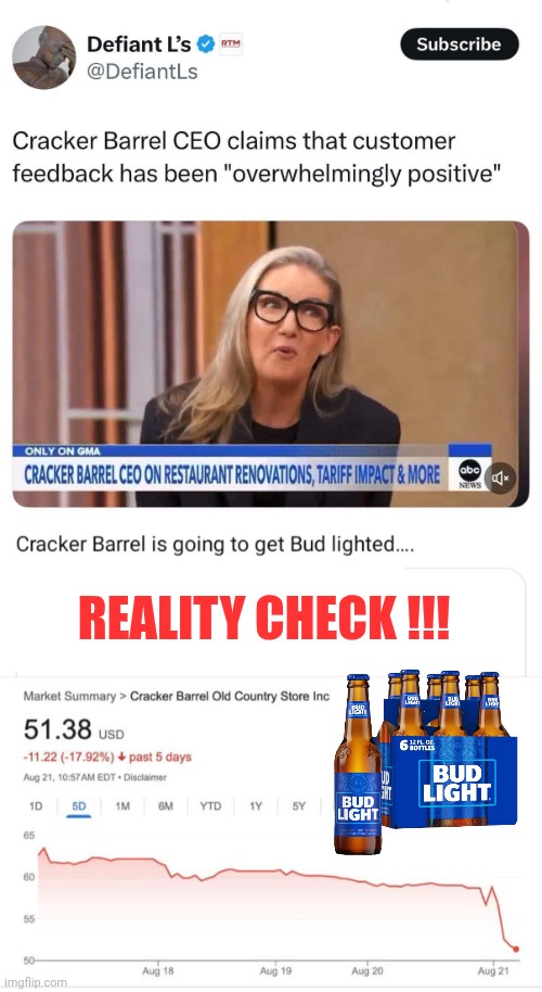 Cracker Barrel gets bud lighted | REALITY CHECK !!! | image tagged in bud light,cracker | made w/ Imgflip meme maker
