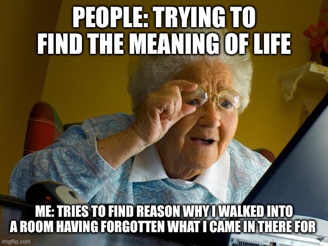 Image title goes here | PEOPLE: TRYING TO FIND THE MEANING OF LIFE; ME: TRIES TO FIND REASON WHY I WALKED INTO A ROOM HAVING FORGOTTEN WHAT I CAME IN THERE FOR | image tagged in memes,grandma finds the internet | made w/ Imgflip meme maker