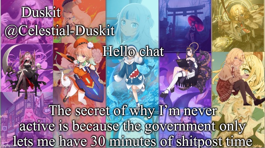 Time to clock in | Hello chat; The secret of why I’m never active is because the government only lets me have 30 minutes of shitpost time | image tagged in duskit s myth temp | made w/ Imgflip meme maker