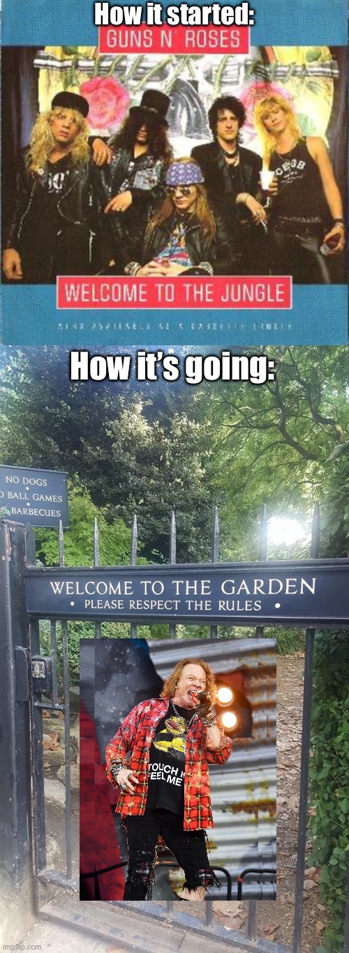 Guns N Roses | How it started:; How it’s going: | image tagged in welcome to the jungle,guns n roses,garden,jungle,welcome | made w/ Imgflip meme maker