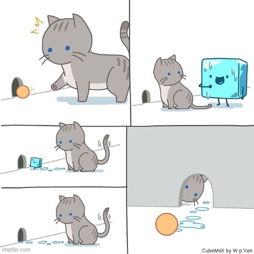 image tagged in cat,ball,muse,hole,ice cube,melting | made w/ Imgflip meme maker