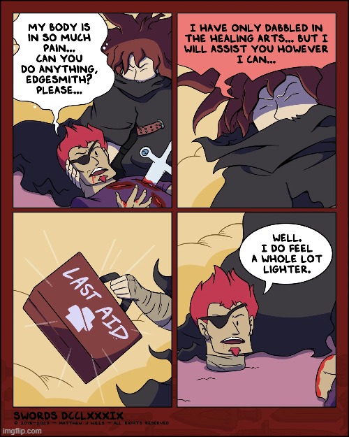 image tagged in swords,edge,blacksmith,first aid,last,oof | made w/ Imgflip meme maker