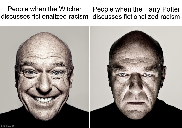 Dean Norris's reaction | People when the Witcher discusses fictionalized racism; People when the Harry Potter discusses fictionalized racism | image tagged in dean norris's reaction,memes,politics,harry potter,the witcher | made w/ Imgflip meme maker