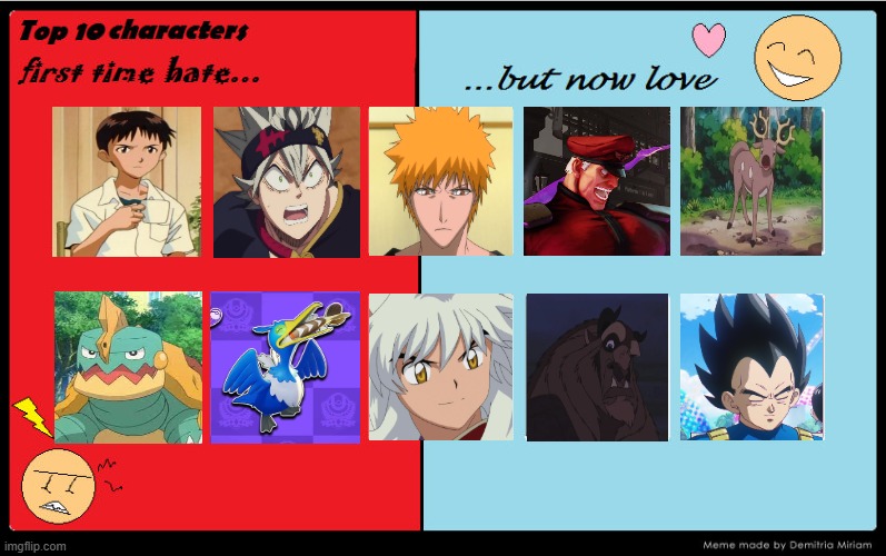 top 10 characters first time hate but now love | image tagged in top 10 characters first time hate but now love,movies,videogames,pokemon,anime,love wins | made w/ Imgflip meme maker