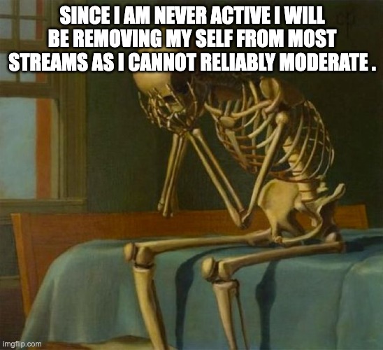 Sad skeleton | SINCE I AM NEVER ACTIVE I WILL BE REMOVING MY SELF FROM MOST STREAMS AS I CANNOT RELIABLY MODERATE . | image tagged in sad skeleton | made w/ Imgflip meme maker
