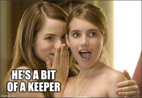 Girls gossiping | HE'S A BIT OF A KEEPER | image tagged in girls gossiping | made w/ Imgflip meme maker