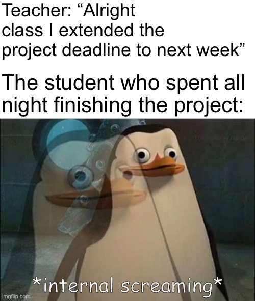 Private Internal Screaming | Teacher: “Alright class I extended the project deadline to next week”; The student who spent all night finishing the project: | image tagged in private internal screaming,school,project,student | made w/ Imgflip meme maker