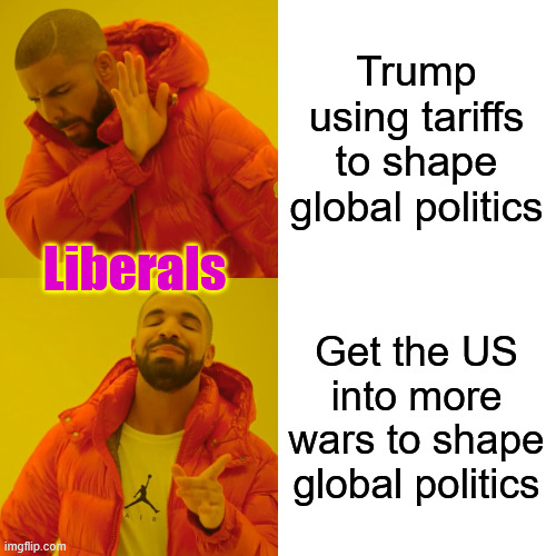 Drake Hotline Bling Meme | Trump using tariffs to shape global politics Get the US into more wars to shape global politics Liberals | image tagged in memes,drake hotline bling | made w/ Imgflip meme maker