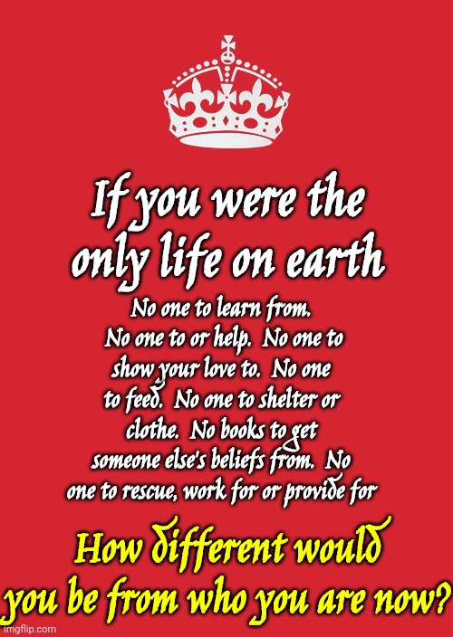 There Might Be 8,000,000,000 People On Earth But You Only Truly Know 10 People Or Less.  You Don't Even Truly Know Your Family | If you were the only life on earth; No one to learn from.  No one to or help.  No one to show your love to.  No one to feed.  No one to shelter or clothe.  No books to get someone else's beliefs from.  No one to rescue, work for or provide for; How different would you be from who you are now? | image tagged in memes,keep calm and carry on red,who are you,alone,spirit,the great awakening | made w/ Imgflip meme maker