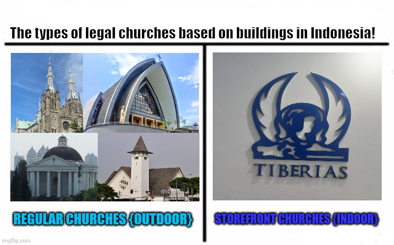 Who Would Win Blank | The types of legal churches based on buildings in Indonesia! STOREFRONT CHURCHES {INDOOR}; REGULAR CHURCHES {OUTDOOR} | image tagged in memes,build,church | made w/ Imgflip meme maker