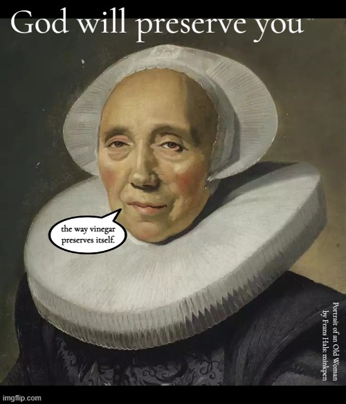 By which I mean that you preserve yourself or you don't get preserved | God will preserve you; the way vinegar preserves itself. Portrait of an Old Woman
by Frans Hals: minkpen | image tagged in atheist,god,religion,atheism,art memes,artmemes | made w/ Imgflip meme maker