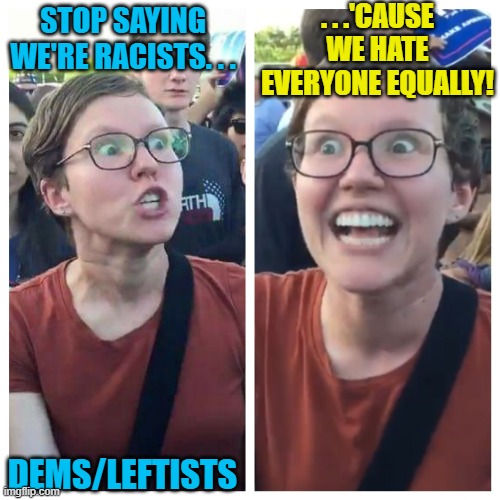 Social Justice Warrior Hypocrisy | STOP SAYING WE'RE RACISTS. . . DEMS/LEFTISTS . . .'CAUSE WE HATE EVERYONE EQUALLY! | image tagged in social justice warrior hypocrisy | made w/ Imgflip meme maker