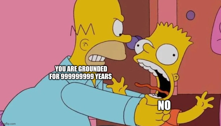 Bart gets grounded for 999999999 years | YOU ARE GROUNDED FOR 999999999 YEARS; NO | image tagged in homer angry and bart | made w/ Imgflip meme maker