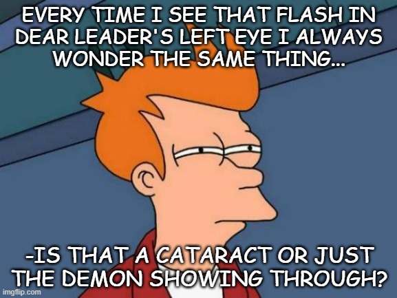 Futurama Fry Meme | EVERY TIME I SEE THAT FLASH IN
DEAR LEADER'S LEFT EYE I ALWAYS
WONDER THE SAME THING... -IS THAT A CATARACT OR JUST
THE DEMON SHOWING THROUG | image tagged in memes,futurama fry | made w/ Imgflip meme maker