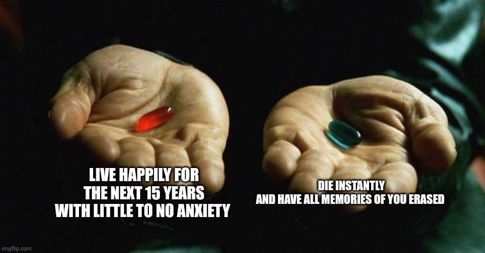 Red pill blue pill | LIVE HAPPILY FOR THE NEXT 15 YEARS WITH LITTLE TO NO ANXIETY; DIE INSTANTLY AND HAVE ALL MEMORIES OF YOU ERASED | image tagged in red pill blue pill | made w/ Imgflip meme maker