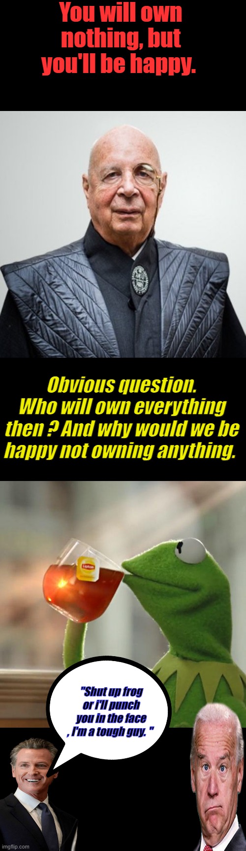 Just ask um common sense question, then demand answers & explanation how they think their policy would work. You'll get silence. | You will own nothing, but you'll be happy. Obvious question. Who will own everything then ? And why would we be happy not owning anything. "Shut up frog or i'll punch you in the face , I'm a tough guy. " | image tagged in klaus schwab,memes,but that's none of my business | made w/ Imgflip meme maker