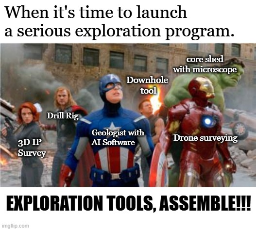 Avengers | When it's time to launch a serious exploration program. core shed with microscope; Downhole 
tool; Drill Rig; Geologist with 
AI Software; Drone surveying; 3D IP 
Survey; EXPLORATION TOOLS, ASSEMBLE!!! | image tagged in avengers2012 | made w/ Imgflip meme maker
