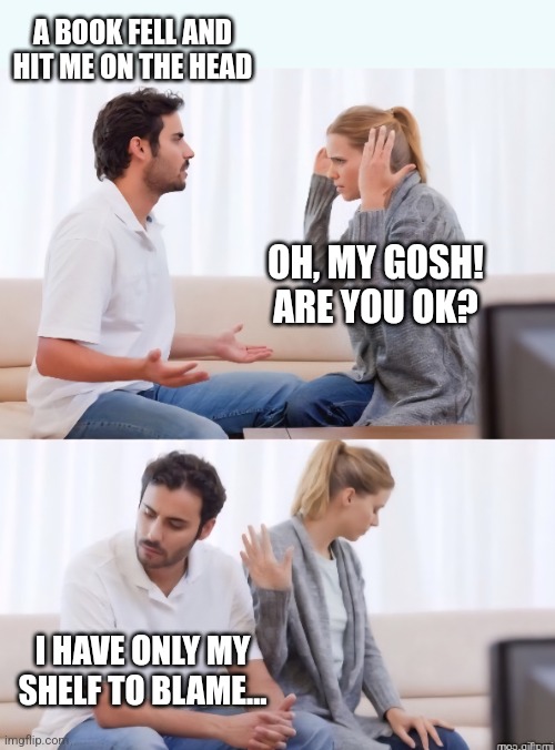 Stupid shelf! | A BOOK FELL AND HIT ME ON THE HEAD; OH, MY GOSH! ARE YOU OK? I HAVE ONLY MY SHELF TO BLAME... | image tagged in bad puns,bad jokes,just bad | made w/ Imgflip meme maker