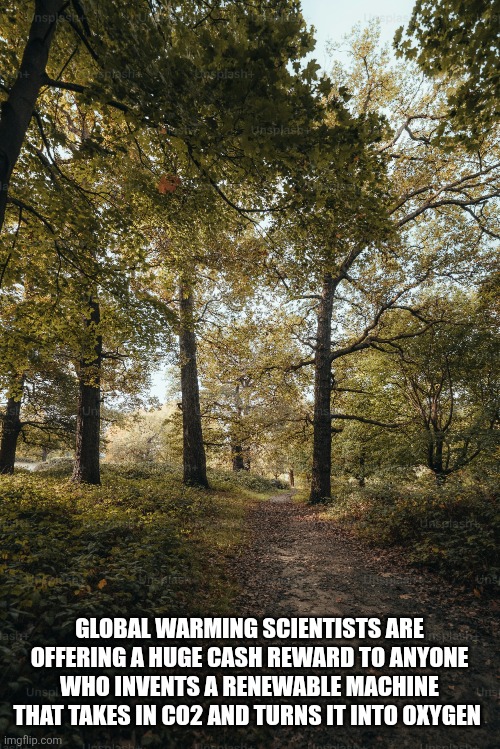 GLOBAL WARMING SCIENTISTS ARE OFFERING A HUGE CASH REWARD TO ANYONE WHO INVENTS A RENEWABLE MACHINE THAT TAKES IN CO2 AND TURNS IT INTO OXYGEN | image tagged in funny memes | made w/ Imgflip meme maker