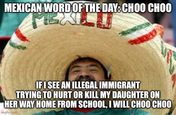 Mexican word of the day | MEXICAN WORD OF THE DAY: CHOO CHOO; IF I SEE AN ILLEGAL IMMIGRANT TRYING TO HURT OR KILL MY DAUGHTER ON HER WAY HOME FROM SCHOOL, I WILL CHOO CHOO | image tagged in mexican,mexican word of the day,memes,funny memes,funny,jokes | made w/ Imgflip meme maker