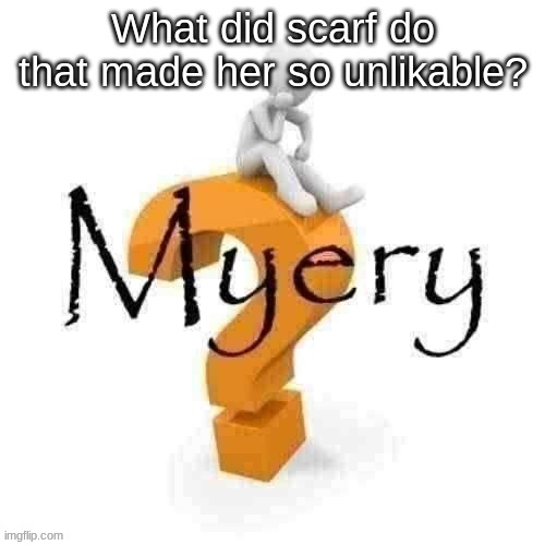 I thinks she's a fine person, but apparently some people don't. | What did scarf do that made her so unlikable? | image tagged in guy sitting on some big ass question mark | made w/ Imgflip meme maker