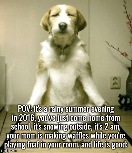 man I miss those times so much | POV: it's a rainy summer evening in 2016, you've just come home from school, it's snowing outside, it's 2 am, your mom is making waffles while you're playing fnaf in your room, and life is good: | image tagged in inner peace dog | made w/ Imgflip meme maker