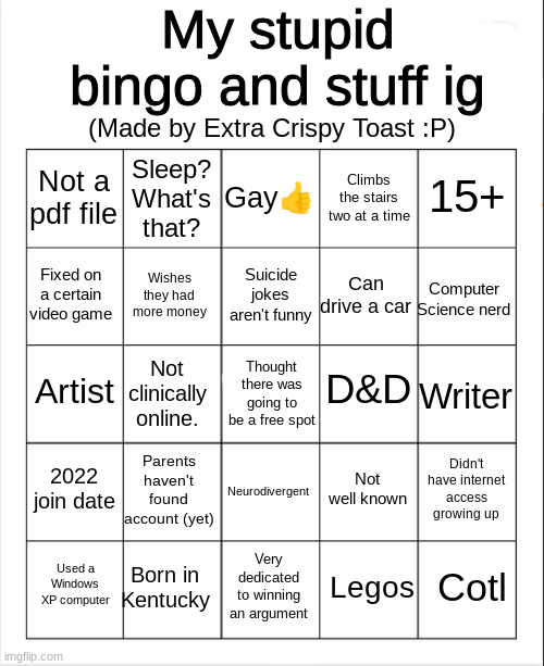 Extra crispy toast's stupid bingo Blank Meme Template