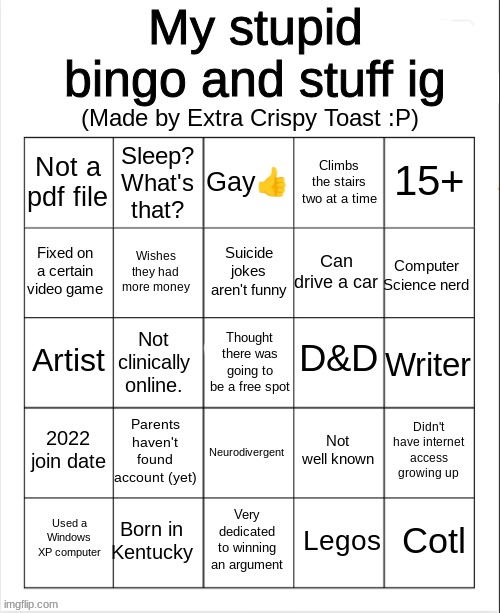 I realized I haven't made a bingo yet. | image tagged in extra crispy toast's stupid bingo | made w/ Imgflip meme maker