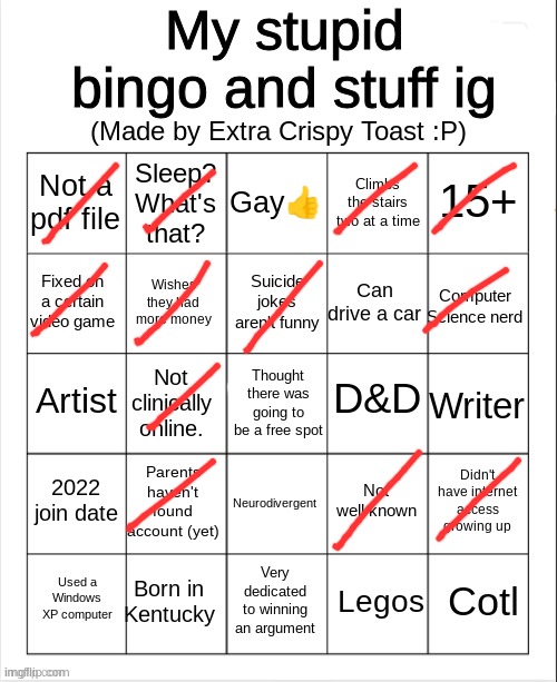 Extra crispy toast's stupid bingo | image tagged in extra crispy toast's stupid bingo | made w/ Imgflip meme maker