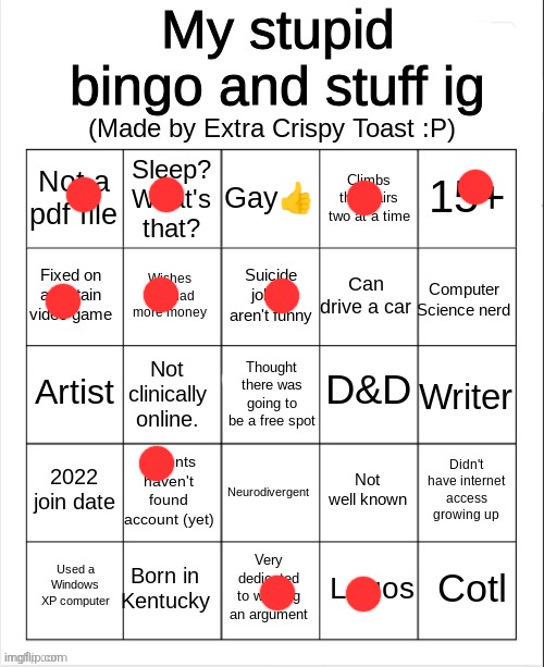 Extra crispy toast's stupid bingo | image tagged in extra crispy toast's stupid bingo | made w/ Imgflip meme maker