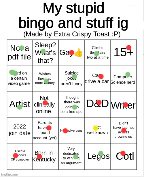 Extra crispy toast's stupid bingo | image tagged in extra crispy toast's stupid bingo | made w/ Imgflip meme maker