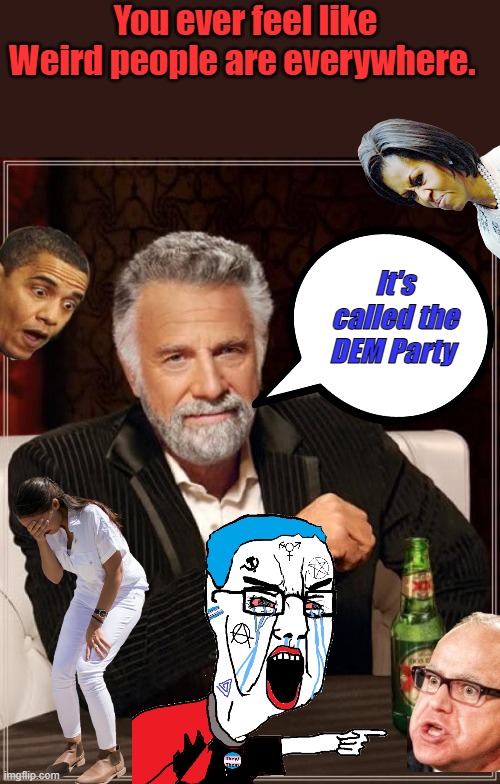 They embrace their Weirdness | You ever feel like Weird people are everywhere. It's called the DEM Party | image tagged in memes,the most interesting man in the world | made w/ Imgflip meme maker