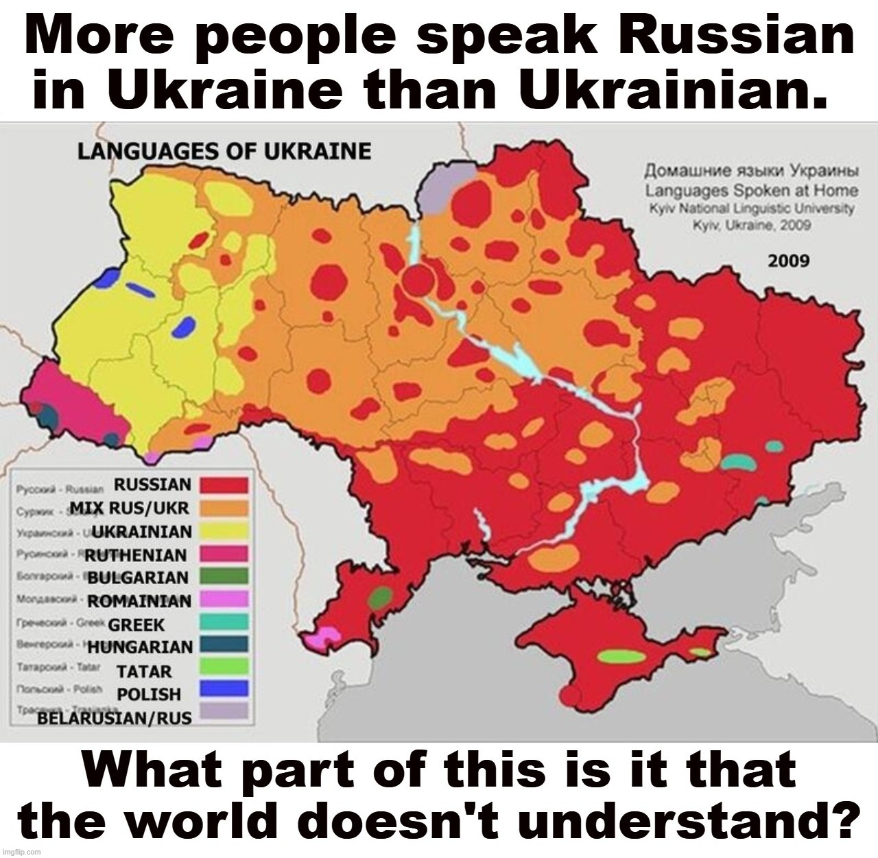 More people speak Russian in Ukraine than Ukrainian. | image tagged in russia,ukraine,russo-ukrainian war,ukrainian,russian lives matter,ukrainian lives matter | made w/ Imgflip meme maker